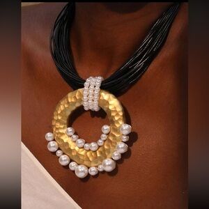 Statement Pendant Necklace | Multi-Strand Black Cord with Gold & Pearl Accents
